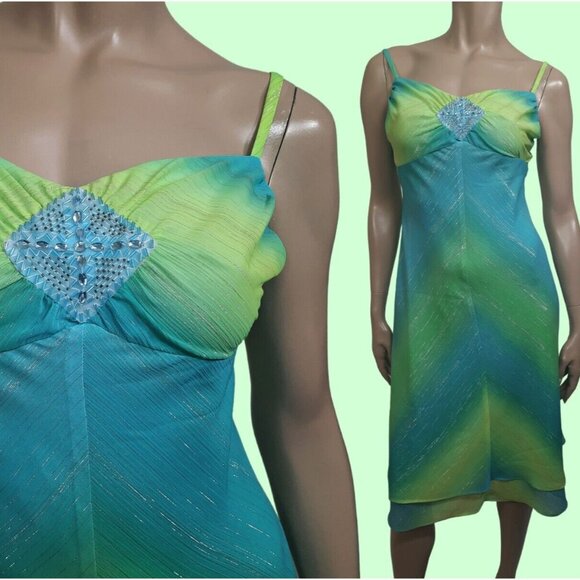 Y2K Slip Dress Size S Blue Green Metallic Stripe Midi Fairy Mermaid Party - Picture 1 of 13